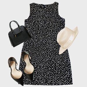 Women's size 14 sleevless sheath polka dot black and white dress work function